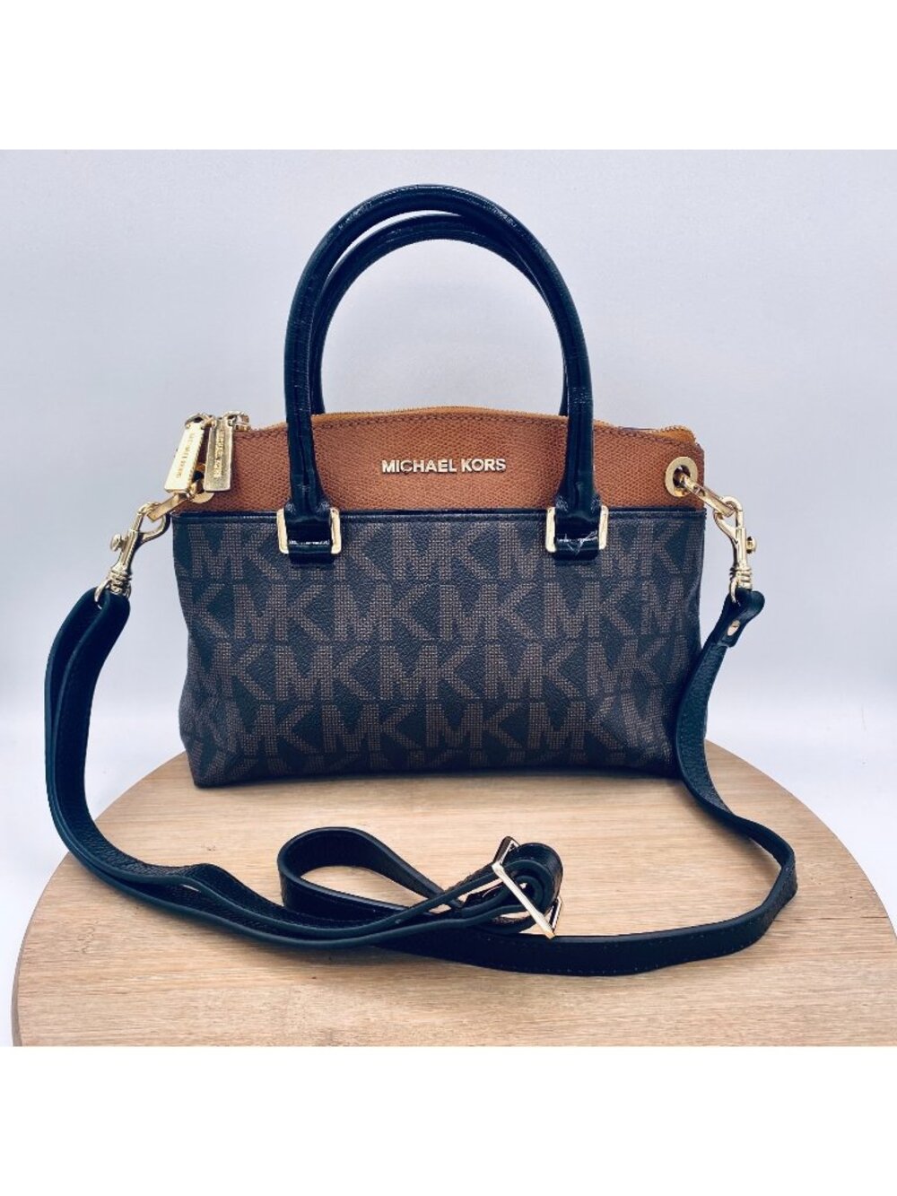 Michael Kors Aubry Tote Small Brown Leather Signature MK Logo Messenger Purse